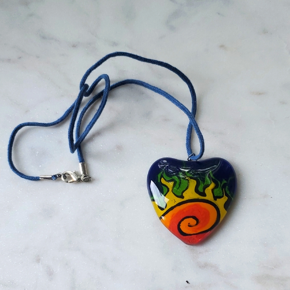 Vintage Glass Heart Flame Pendant Necklace